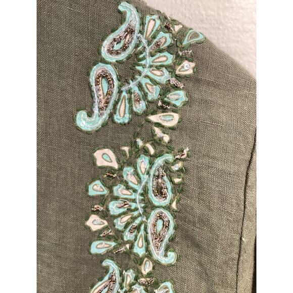 CALYPSO St Barth NWOT Olive Linen Blue Embroidery Long Sleeve Shirt Midi Dress L - Picture 5 of 6